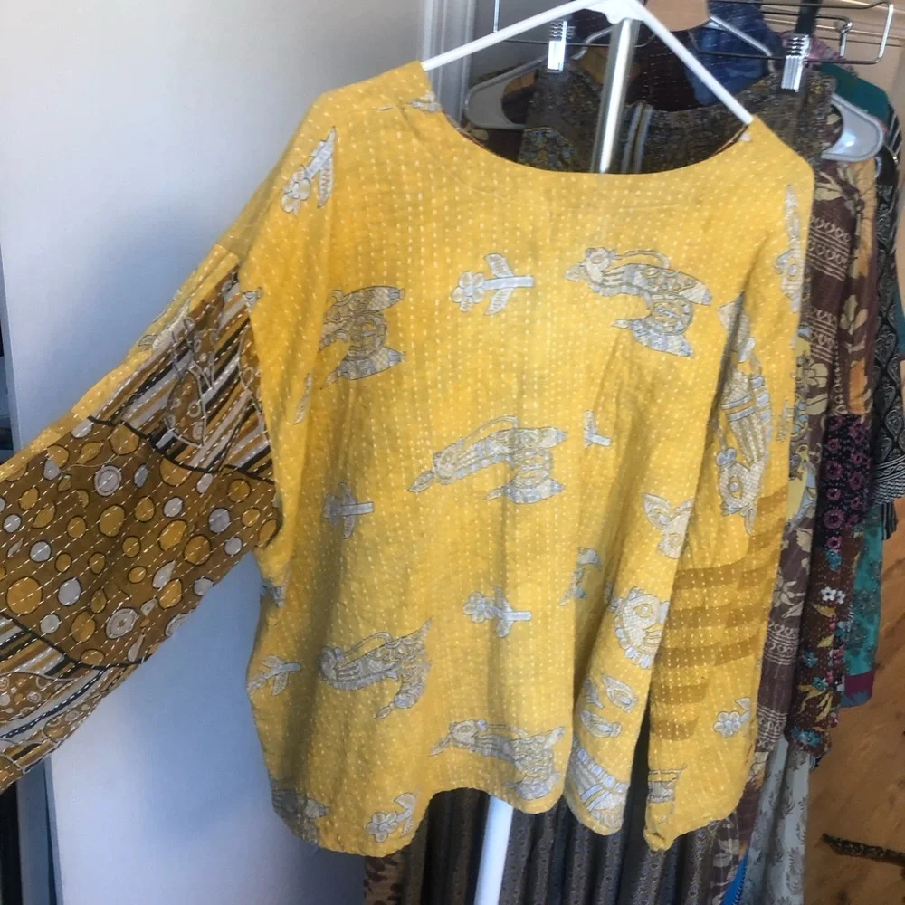 Kantha Bae Wanderer pocket crop.  Yellow Patterned Women's Top - Picture 5 of 7